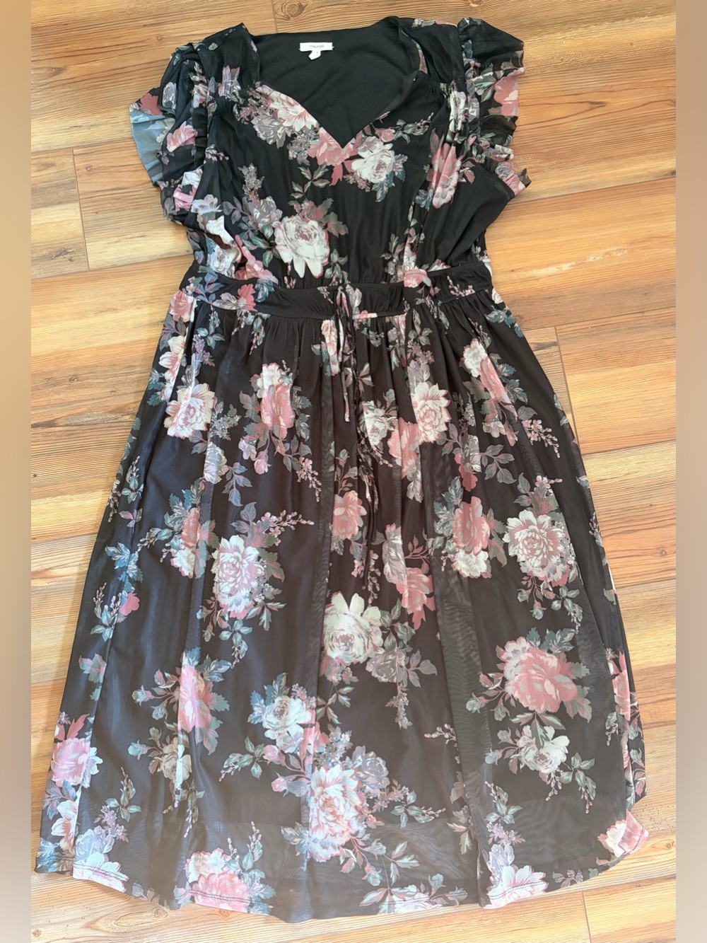 Maurices Black Floral Dress with Pink and White Roses